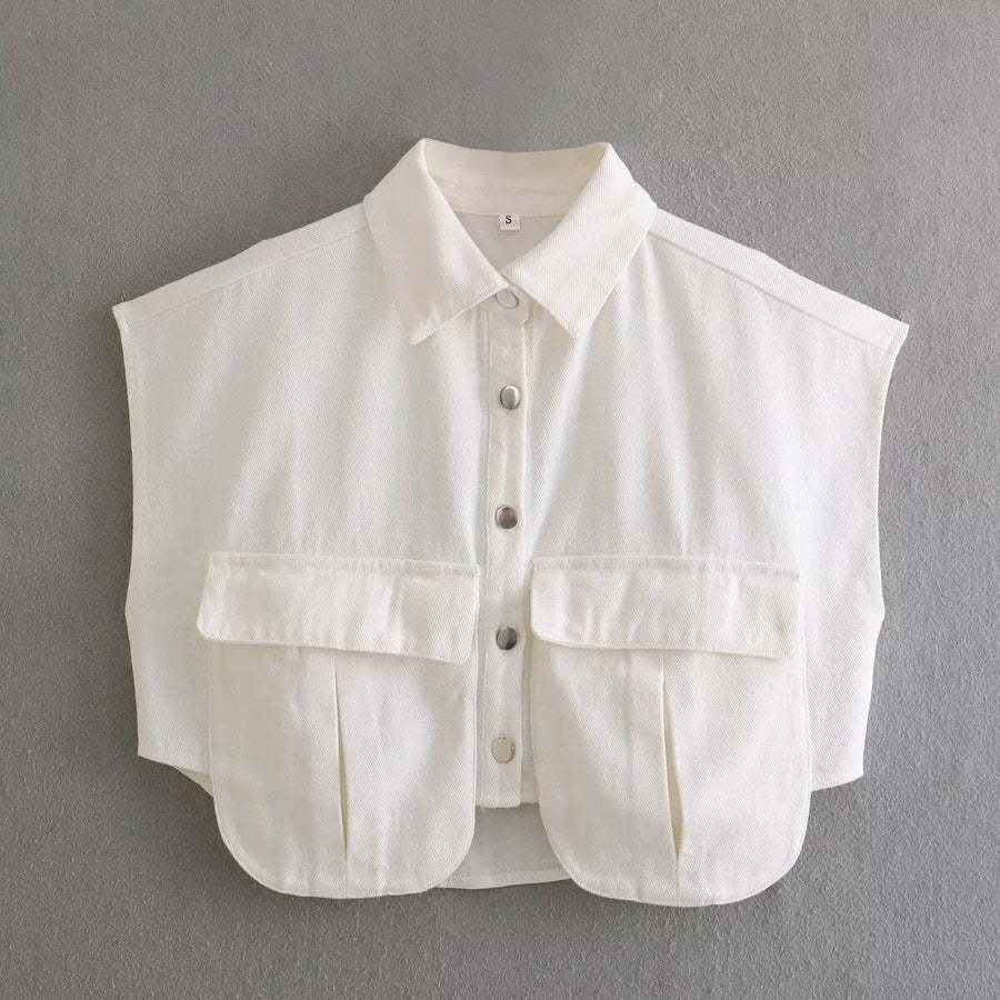 Polly Blouse with Sleeveless and Pockets in White