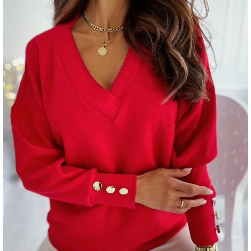 Polly Casual Sweater with V-Neck in Red