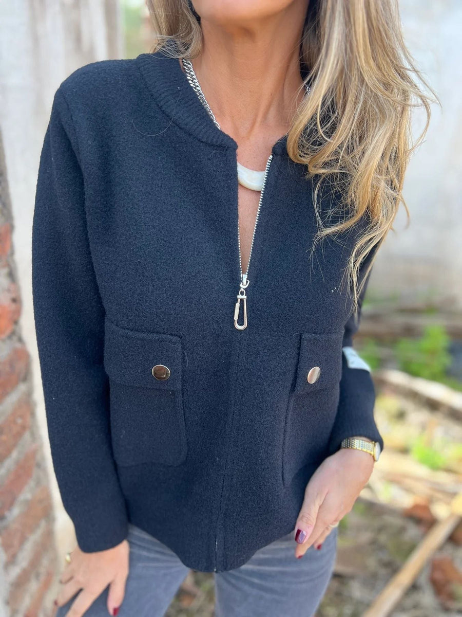 Polly Jacket with Zip Front and Pockets in Black