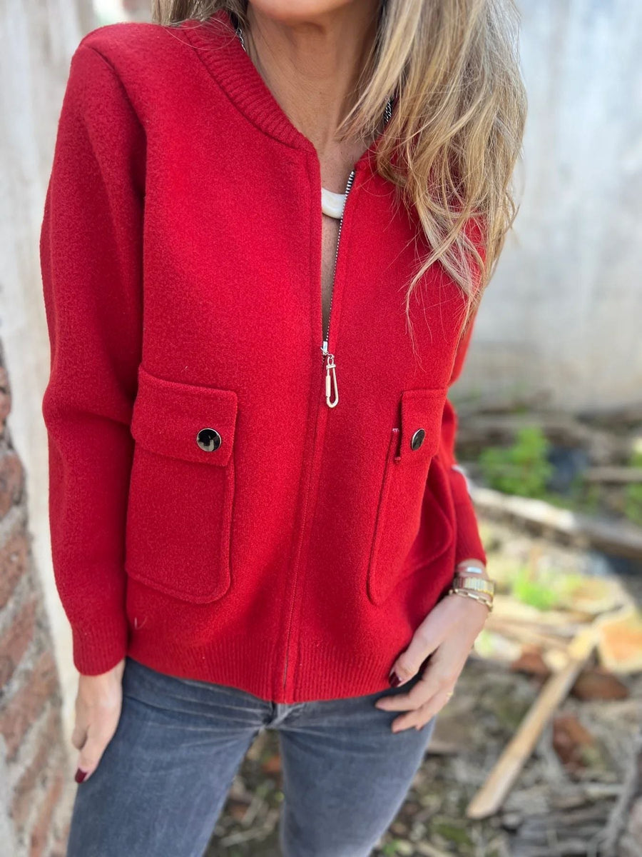 Polly Jacket with Zip Front and Pockets in Red