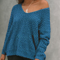 Poppy Casual Knit Sweater with V-Neck in Blue