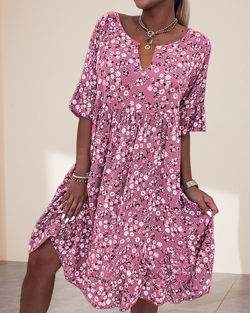 Poppy Women's Floral Midi Dress Half Sleeve V-Neck Boho Summer Dress in Pink
