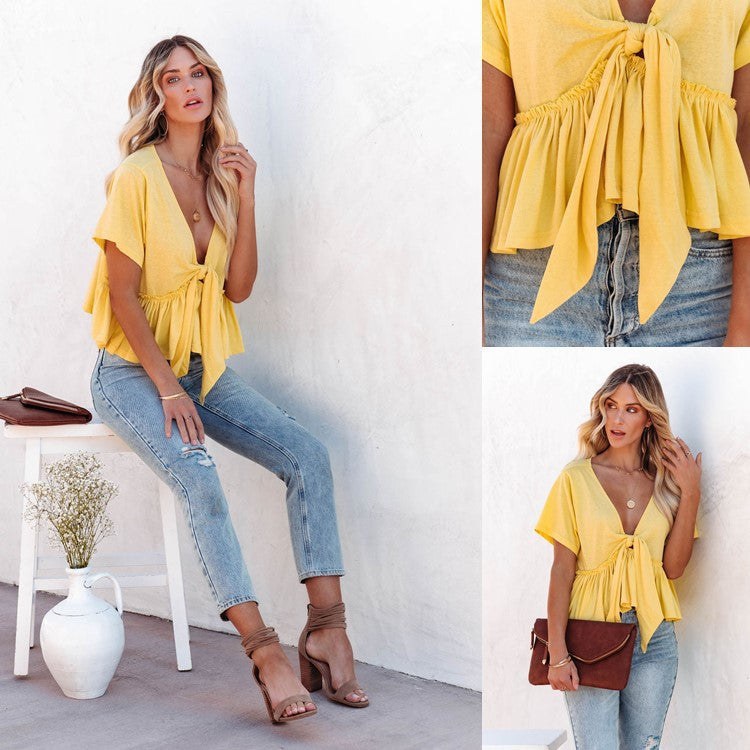 Portia Relaxed Blouse with V-Neck in Black