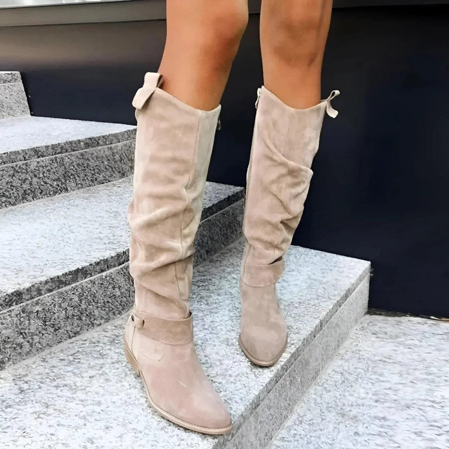 Portia Women's Knee High Block Heel Boots in Beige
