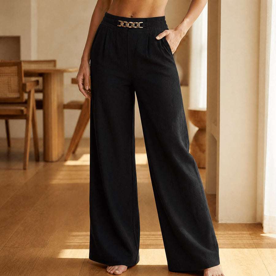 Portia Women's Wide Leg Trousers with Gold Chain Waist in Black