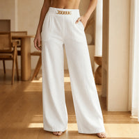 Portia Women's Wide Leg Trousers with Gold Chain Waist in White
