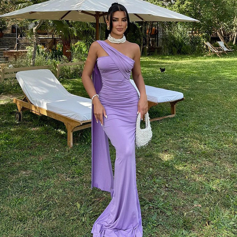 Priya Elegant Chiffon Evening Dress with Fitted in Purple