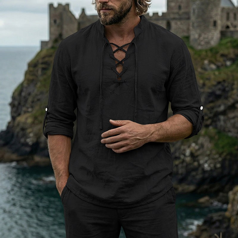 Quentin Linen Shirt with Long Sleeve in Black
