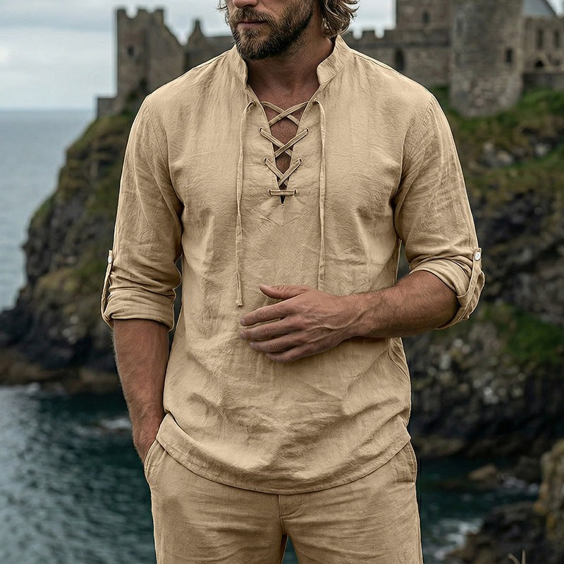 Quentin Linen Shirt with Long Sleeve in Khaki