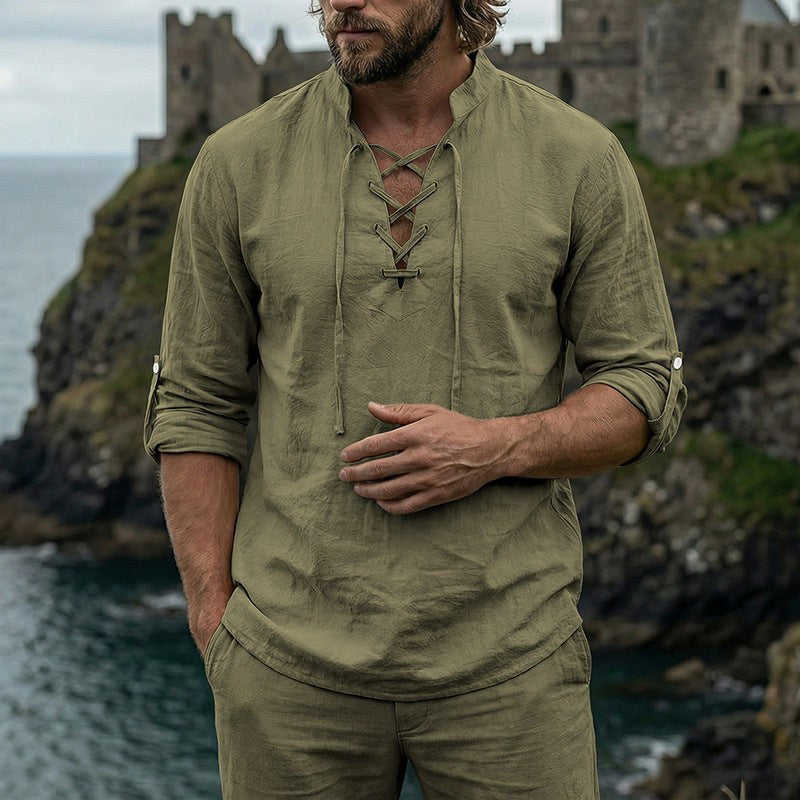 Quentin Linen Shirt with Long Sleeve in Olive