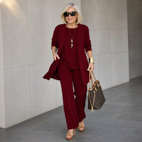 Quinley Women's 3-Piece Pants Set with Drape Cardigan in Brown