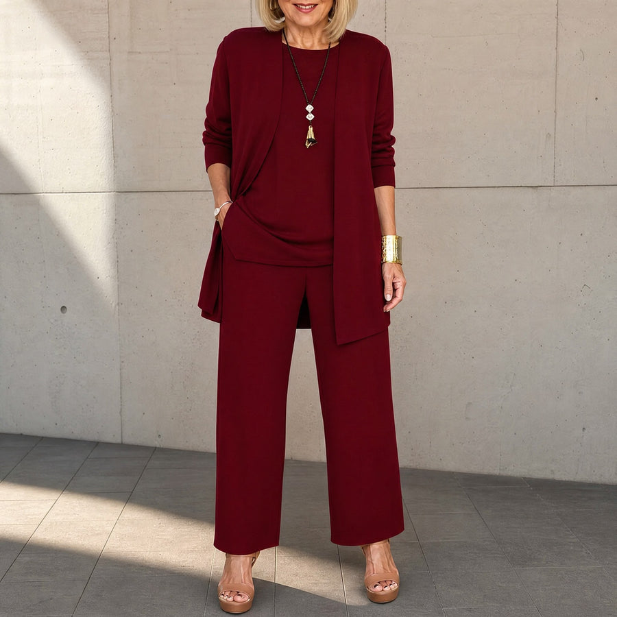 Quinley Women's 3-Piece Pants Set with Drape Cardigan in Burgundy