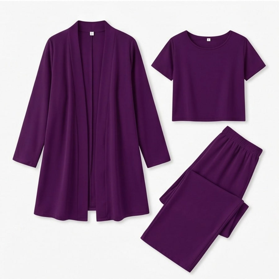 Quinley Women's 3-Piece Pants Set with Drape Cardigan in Purple