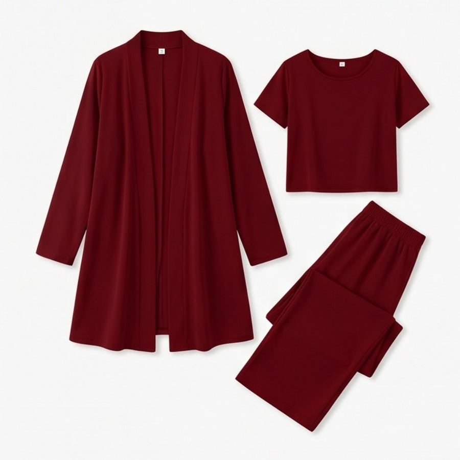 Quinley Women's 3-Piece Pants Set with Drape Cardigan in Purple