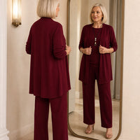 Quinley Women's 3-Piece Pants Set with Drape Cardigan in Purple