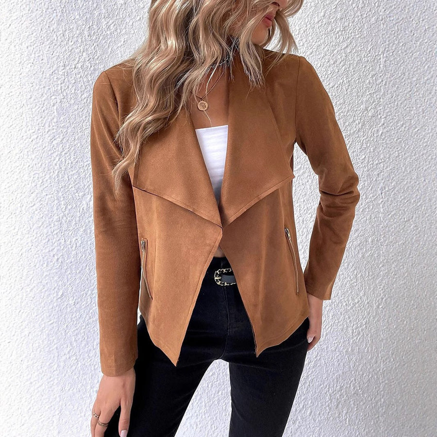 Quinn Elegant Blazer with Zip Front and Pockets in Brown