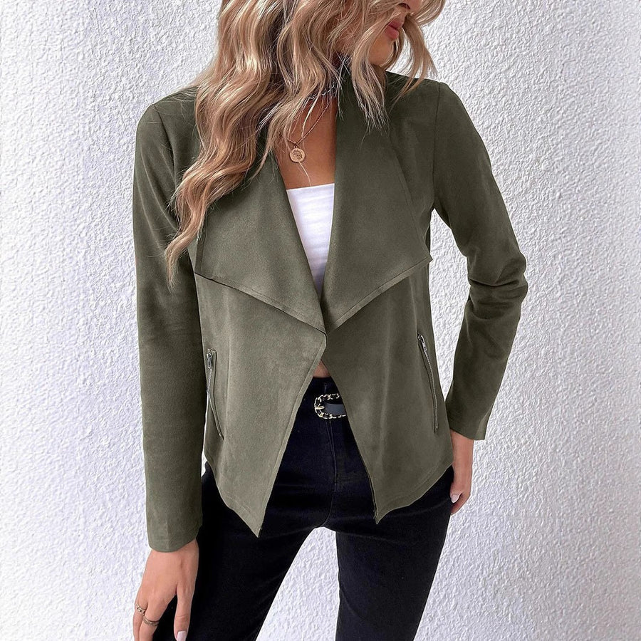 Quinn Elegant Blazer with Zip Front and Pockets in Olive Green