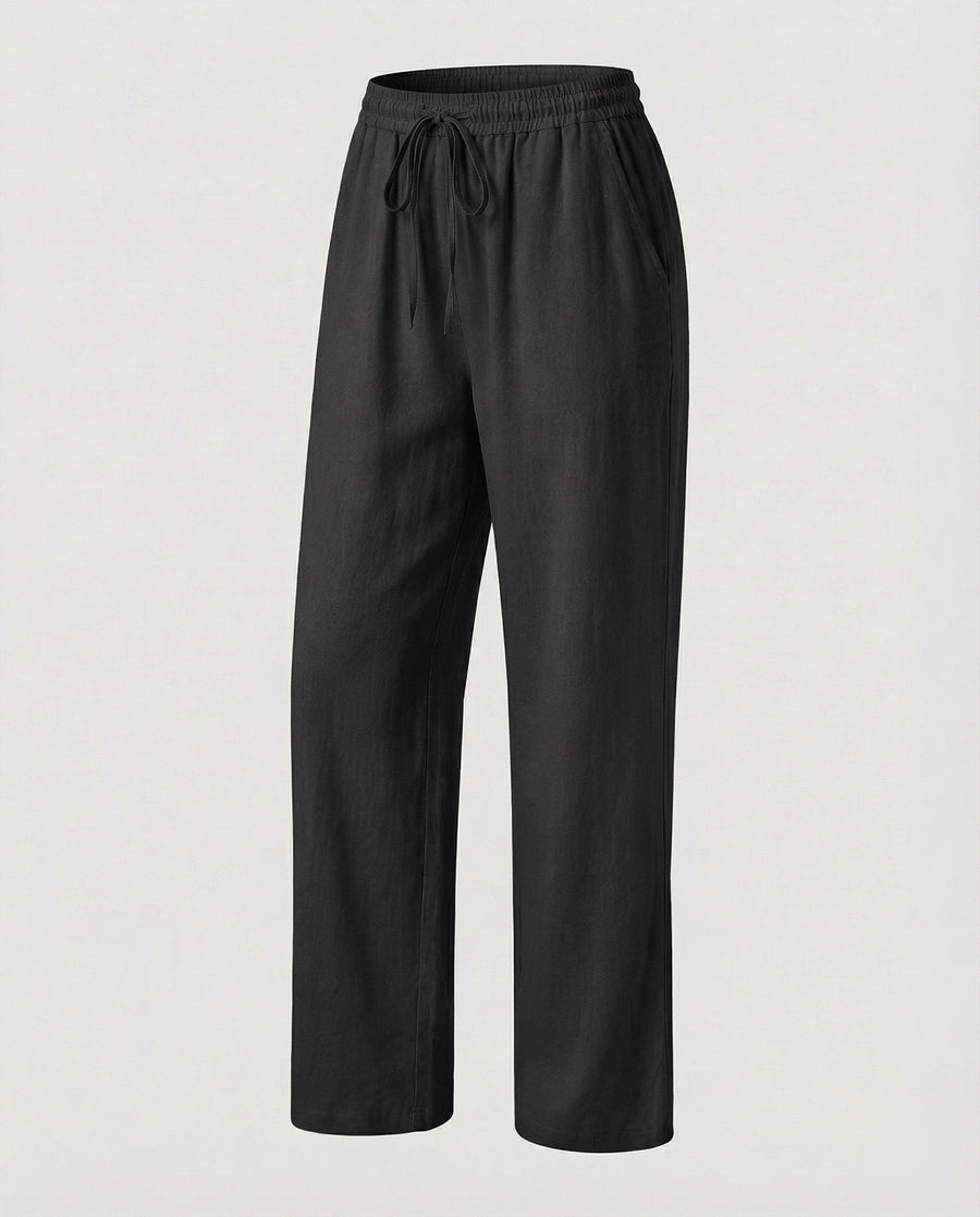 Rachel Linen Trousers with Elastic Waist and Pockets in Black