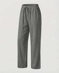 Rachel Linen Trousers with Elastic Waist and Pockets in Dark Grey