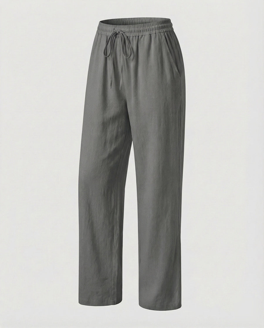 Rachel Linen Trousers with Elastic Waist and Pockets in Dark Grey