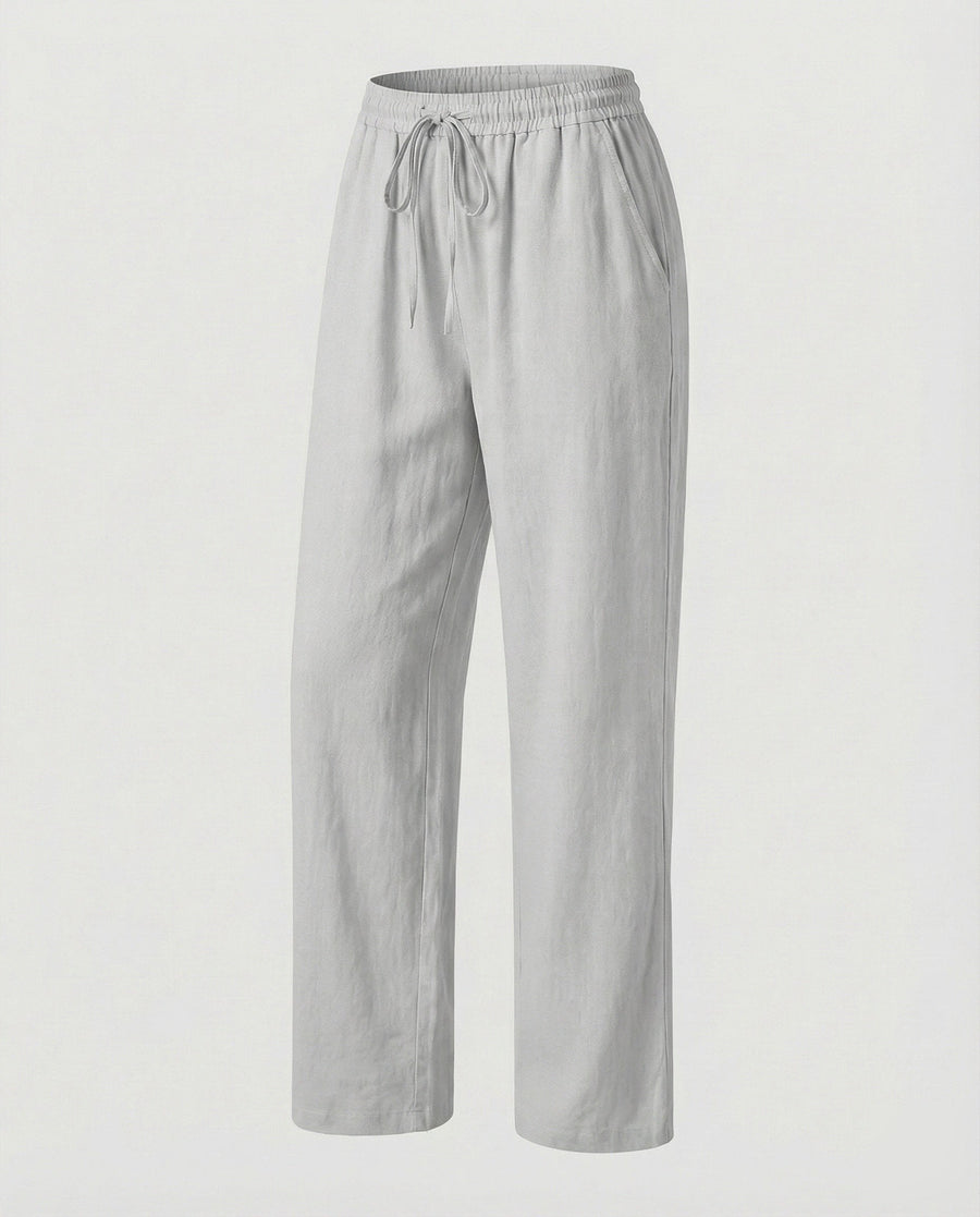 Rachel Linen Trousers with Elastic Waist and Pockets in Grey