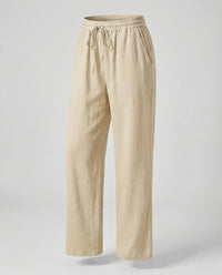Rachel Linen Trousers with Elastic Waist and Pockets in Khaki