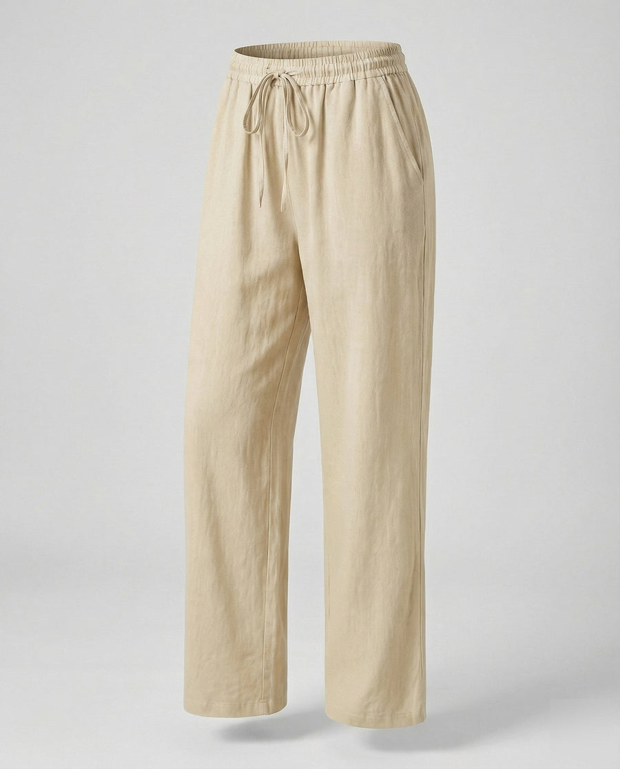 Rachel Linen Trousers with Elastic Waist and Pockets in Khaki
