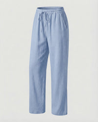 Rachel Linen Trousers with Elastic Waist and Pockets in Light Blue