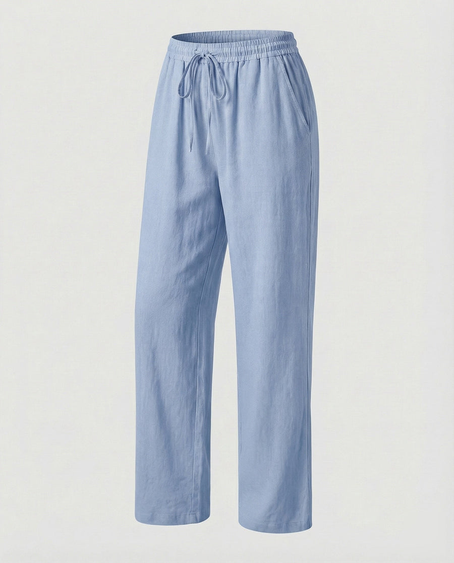 Rachel Linen Trousers with Elastic Waist and Pockets in Light Blue