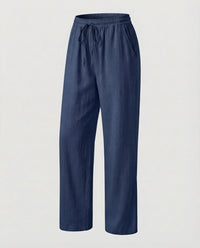 Rachel Linen Trousers with Elastic Waist and Pockets in Navy