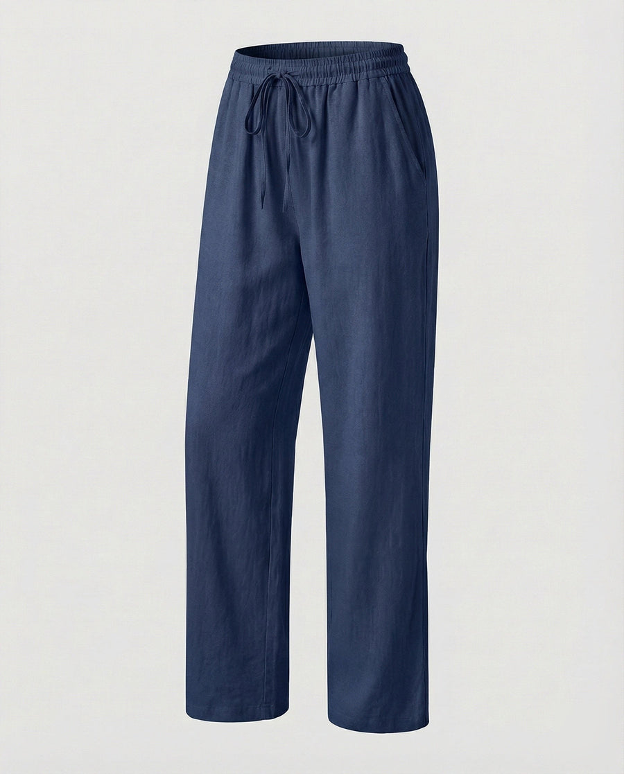Rachel Linen Trousers with Elastic Waist and Pockets in Navy