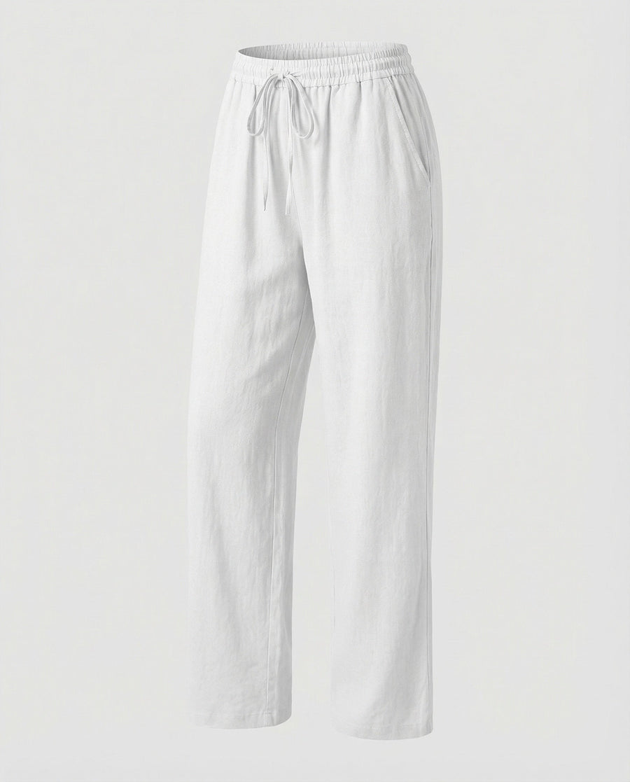 Rachel Linen Trousers with Elastic Waist and Pockets in White