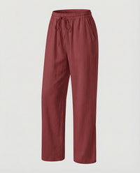 Rachel Linen Trousers with Elastic Waist and Pockets in Wine Red