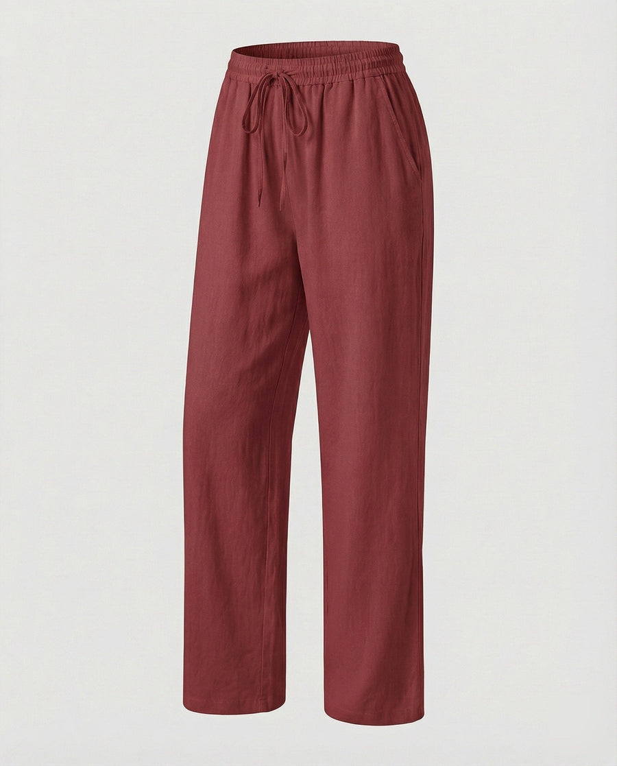 Rachel Linen Trousers with Elastic Waist and Pockets in Wine Red