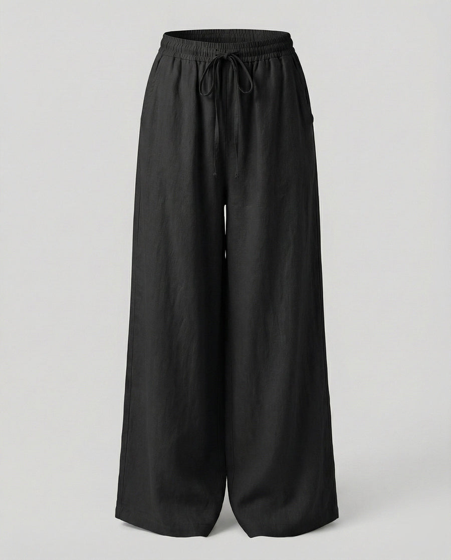 Rae Linen Blend Trousers with Side Pockets and Pockets in Black