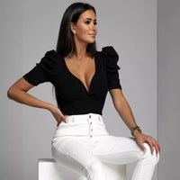 Rae Top with V-Neck and Puff Sleeve in Khaki
