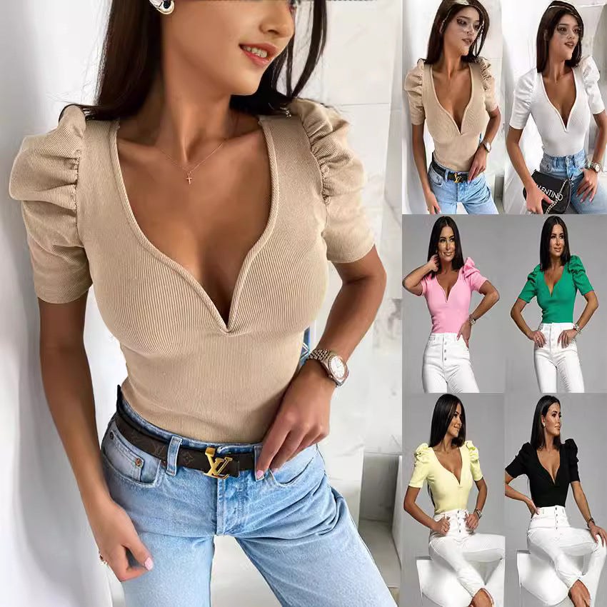 Rae Top with V-Neck and Puff Sleeve