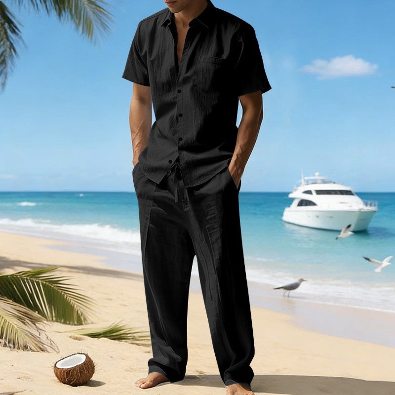 Rafael Casual Linen Shirt with Short Sleeve and Chest Pocket in Black
