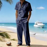 Rafael Casual Linen Shirt with Short Sleeve and Chest Pocket in Blue
