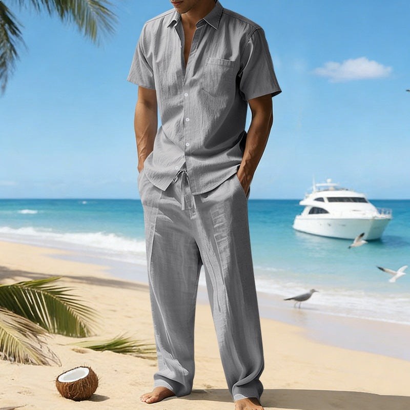 Rafael Casual Linen Shirt with Short Sleeve and Chest Pocket in Dark Grey