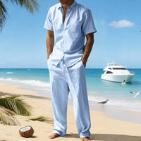 Rafael Casual Linen Shirt with Short Sleeve and Chest Pocket in Light Blue