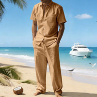 Rafael Casual Linen Shirt with Short Sleeve and Chest Pocket in Ochre