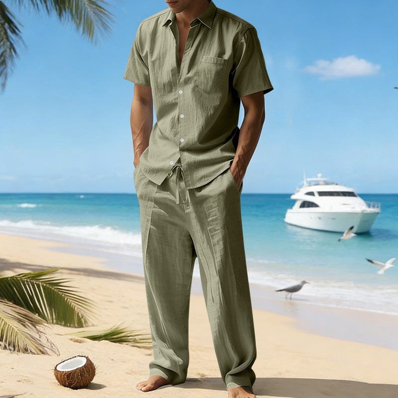 Rafael Casual Linen Shirt with Short Sleeve and Chest Pocket in Olive