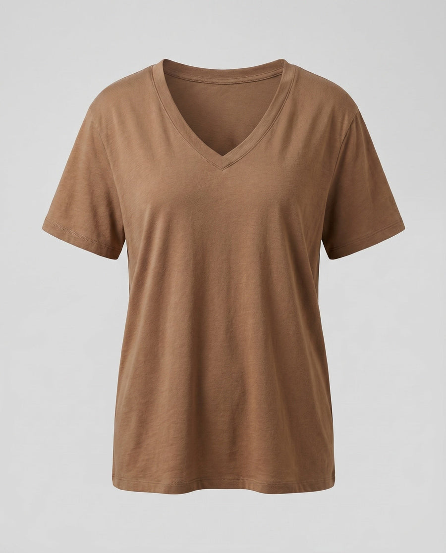 Rafaela Casual Linen T-Shirt with V-Neck in Coffee