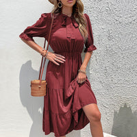 Ramona Maxi Dress with Ruffles and Belted in Wine Red