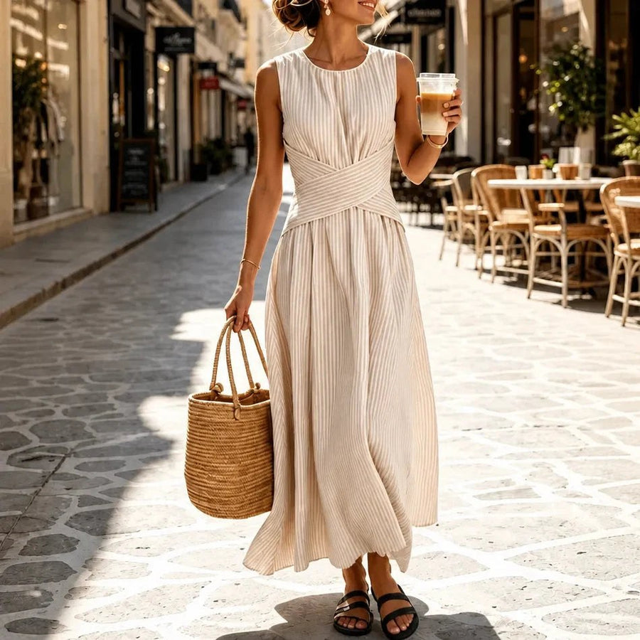 Ravelle Women's Striped Sleeveless Maxi Dress in Beige Stripe