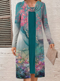 Raven Dress with Long Sleeve and Floral Print in Green