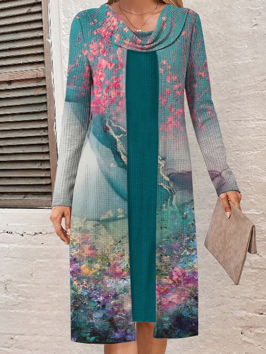 Raven Dress with Long Sleeve and Floral Print in Green