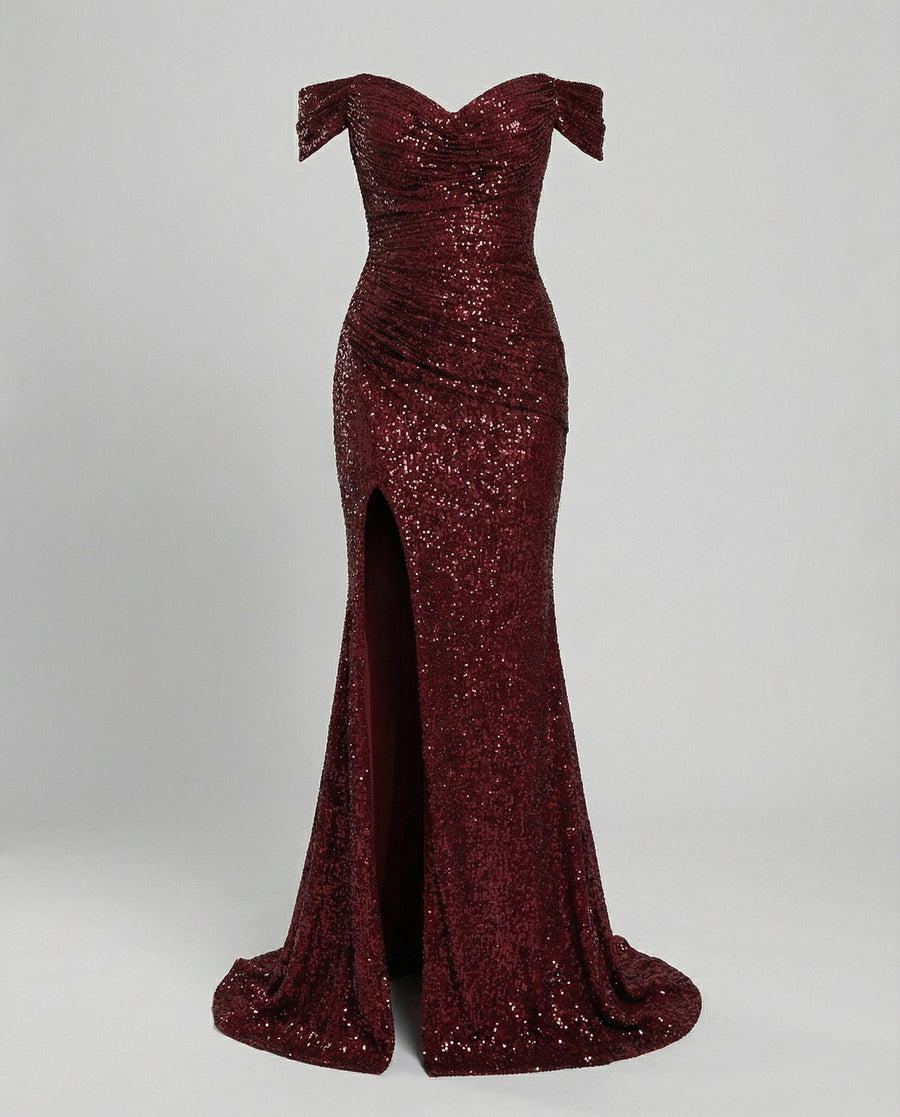 Raven Elegant Evening Dress in Wine Red