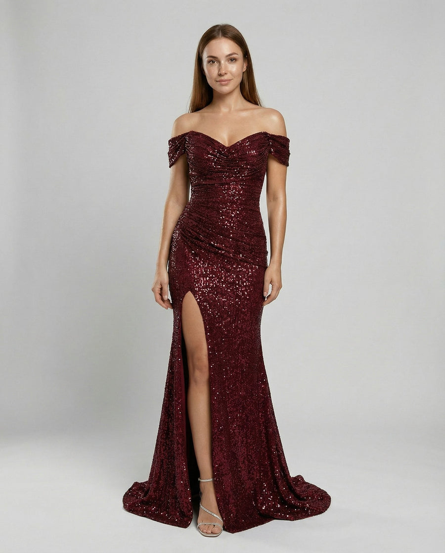 Raven Elegant Evening Dress in Wine Red